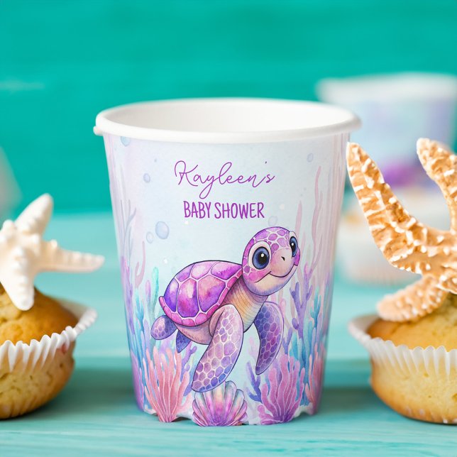 Gobelets En Papier Sous la mer mignonne tortue baby shower rose pourp (Under the sea cute turtle purple pink girls baby shower monogram personalized printed paper cups)