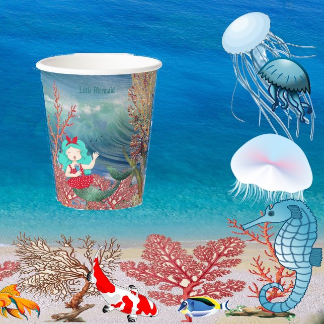 Gobelets En Papier Sous la mer Sirène chantant Coral Reef Anniversair (Under The Sea Mermaid Singing Coral Reef Birthday Paper Cups)