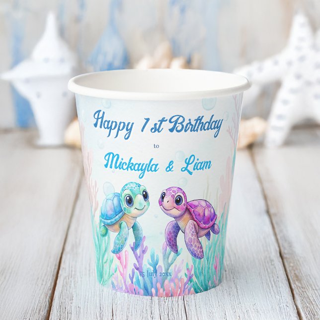 Gobelets En Papier Sous la tortue de mer aqua bleu jumeaux anniversai (Under the sea turtle aqua blue purple twins birthday party personalized paper cups)