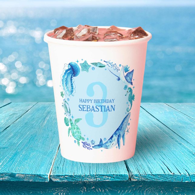 Gobelets En Papier Sous l'aquarelle Sea Party 3e anniversaire (Under the Sea Party Watercolor 3rd Birthday Paper Cups)