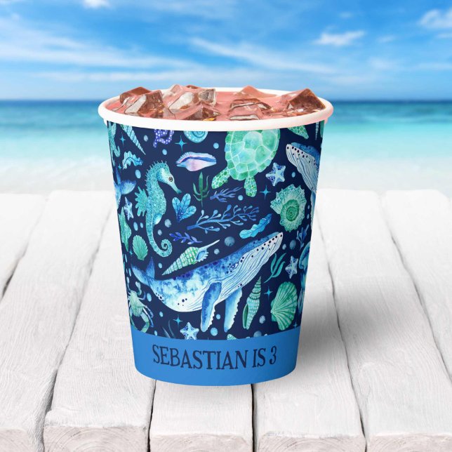 Gobelets En Papier Sous le Sea Party Ocean Animals Aquarelle Marine (Under the Sea Party Ocean Animals Watercolor Navy Paper Cups)