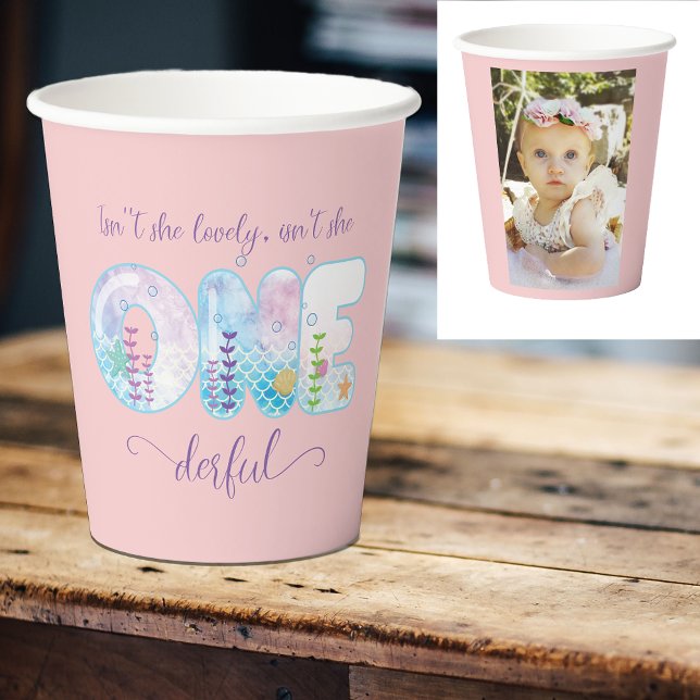 Gobelets En Papier Sous les Sea Girls 1er Anniversaire Joli rose (Under the sea girls 1st birthday party pink paper cup. )