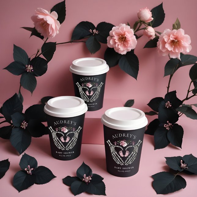 Gobelets En Papier Squelette gothique Mains Coeur Bébé Fille Douche (Gothic Skeleton Hands Heart Baby Girl Shower Paper Cups)