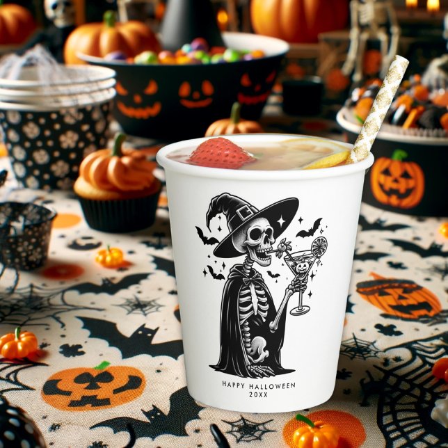 Gobelets En Papier Squelette noir et blanc Halloween Party (Black and White Skeleton Halloween Party Paper Cups)