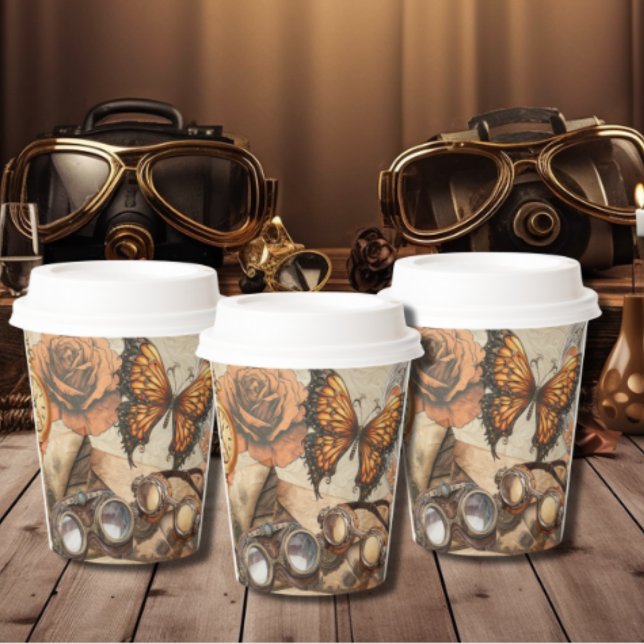 Gobelets En Papier Steampunk Rose victorien papillon et lunettes (Rustic, Victorian steampunk style butterfly and goggles party cups. )
