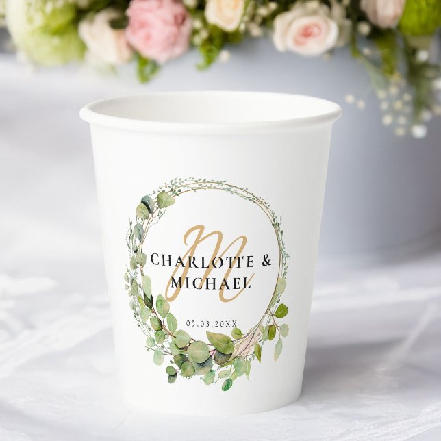 Gobelets En Papier Sticker simple, élégant, monogramme eucalyptus wed (Simple, elegant, monogram eucalyptus wedding paper cups with your names & date.)