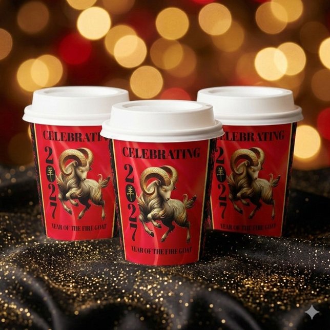 Gobelets En Papier Stunning Red Gold Chinese Year of Fire Goat 2027 (Stunning Red & Gold Chinese Year of the Fire Goat 2027 Paper Cups Cover Photo)
