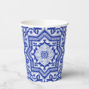 Gobelets En Papier Style azulejo en céramique craquée bleue Azulejo V