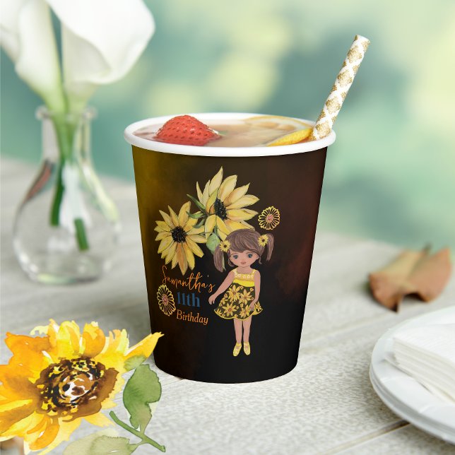 Gobelets En Papier Sunflower Watercolor Cinquième fille Anniversaire (Sunflower Watercolor Fifth Girl Birthday Paper Cups)
