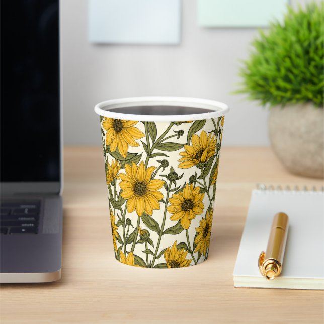 Gobelets En Papier Sunroot, tournesol sauvage sur blanc (Insitu)