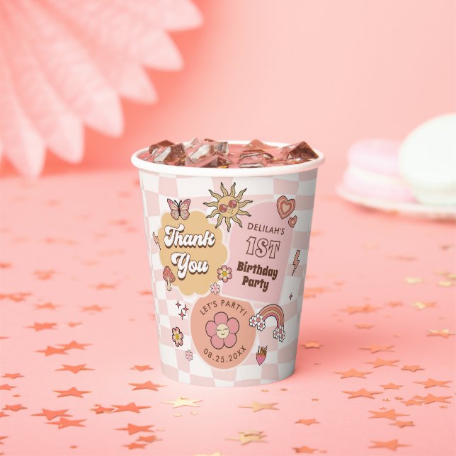 Gobelets En Papier Super Daisy Retro 1er anniversaire (Insitu)