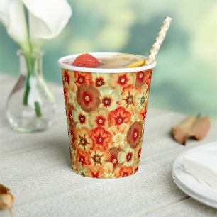 Gobelets En Papier Super Retro Orange Hippie Fleurs Motif