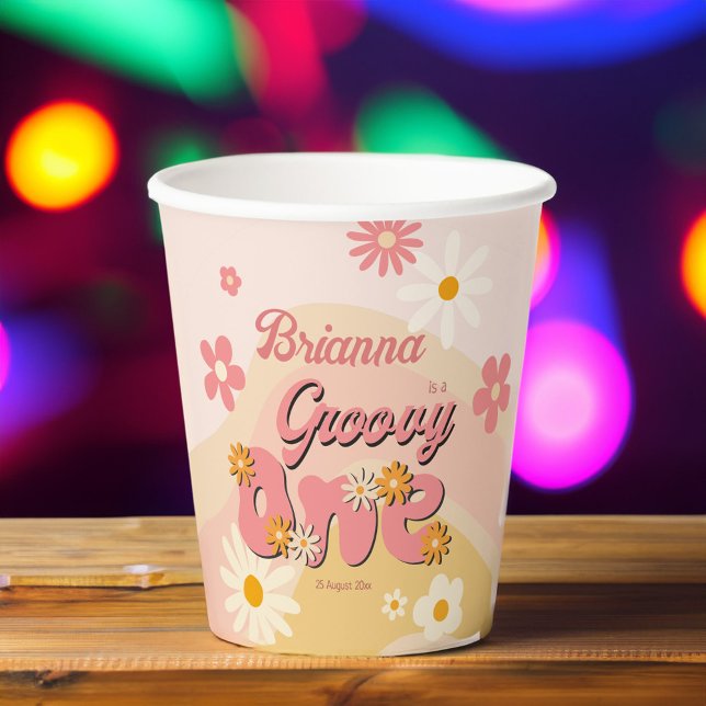 Gobelets En Papier Super une marguerite rétro 1er anniversaire imprim (Groovy one retro daisy first birthday printed paper cups personalized party table decor)