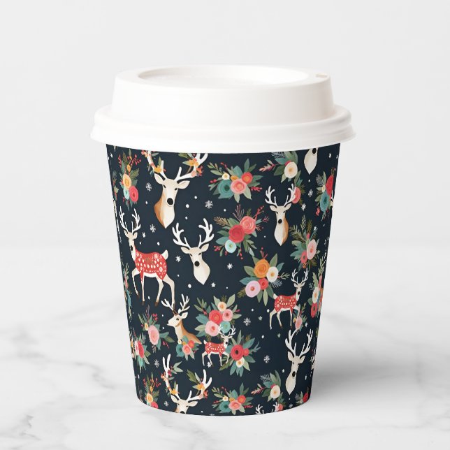 Gobelets En Papier Superbe renne de Noël Floral (Recto)