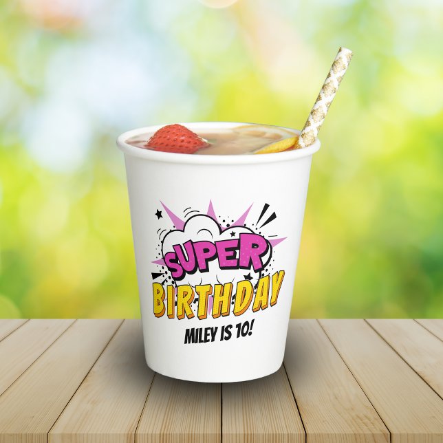 Gobelets En Papier Superhero Comic Book Fille's Birthday (Super Birthday | Girl's superhero personalized party cups)