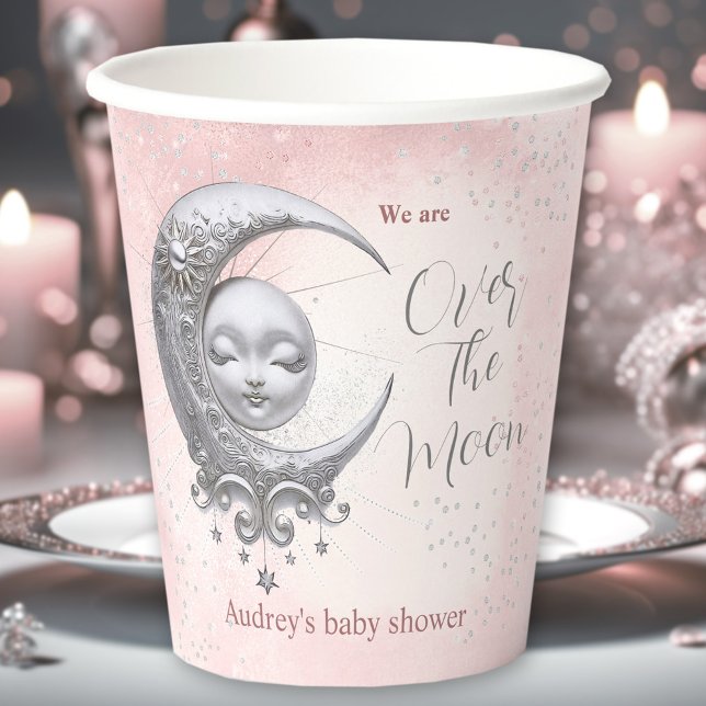 Gobelets En Papier Sur La Lune Coupes De Papier Baby shower Rose Girl (Over The Moon Pink Girl Baby Shower Paper Cups)
