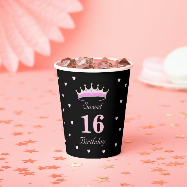 Gobelets En Papier Sweet 16 Anniversaire en tasses de papier noir et  (Insitu)