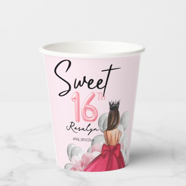 Gobelets En Papier Sweet 16 Glam Rose Ballons blancs rose (Recto)