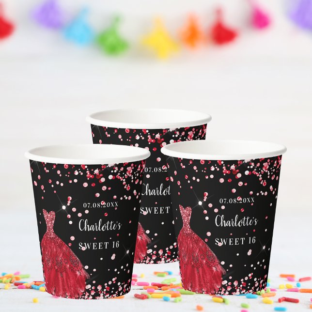 Gobelets En Papier Sweet 16 noir rouge robe confetti nom (Créateur téléchargé)