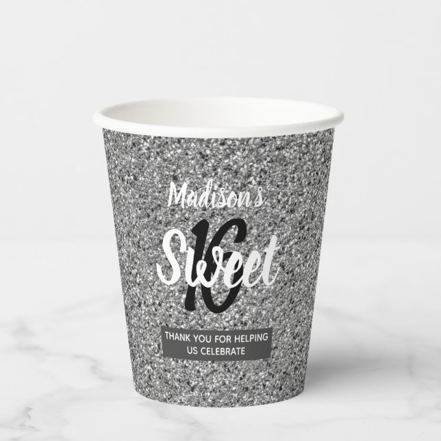 Gobelets En Papier Sweet 16 Parties scintillant Noir Argent Personnal (Recto)