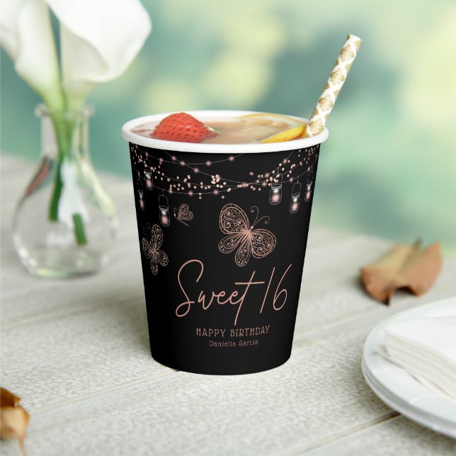 Gobelets En Papier Sweet 16 Rose Gold Butterfly Chic Moderne Annivers (Insitu)