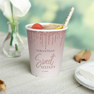 Gobelets En Papier Sweet 16 Rose Gold Parties scintillant Script fête