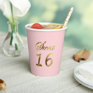 Gobelets En Papier Sweet 16 Typographie rose et or look élégant Pap