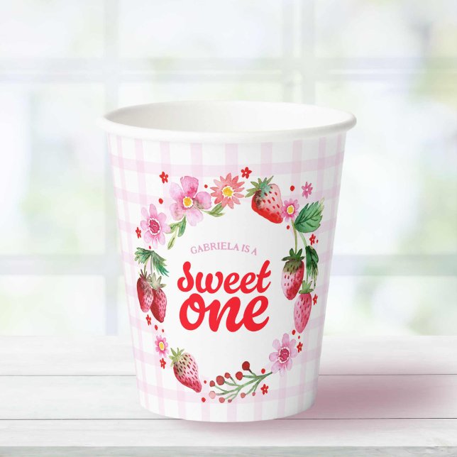 Gobelets En Papier Sweet One fraise Premier Anniversaire rose Plaid (Sweet One Strawberry First Birthday Pink Plaid Paper Cups)