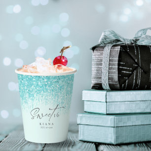 Gobelets En Papier Sweet sixteen étincelant ID Turquoise912