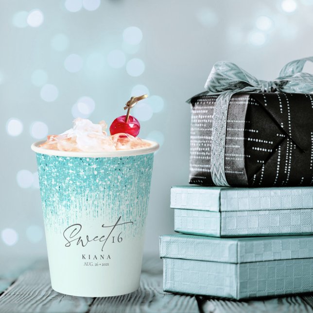 Gobelets En Papier Sweet sixteen étincelant ID Turquoise912 (Créateur téléchargé)