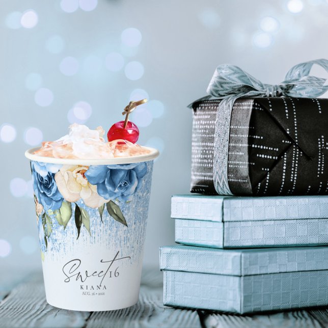 Gobelets En Papier Sweet sixteen floral étincelles BlueID912 (Créateur téléchargé)