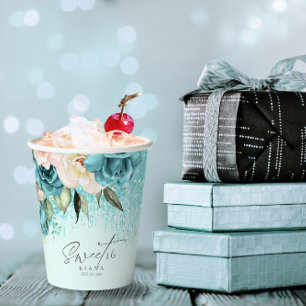 Gobelets En Papier Sweet sixteen Floral Sparkles ID Turquoise912
