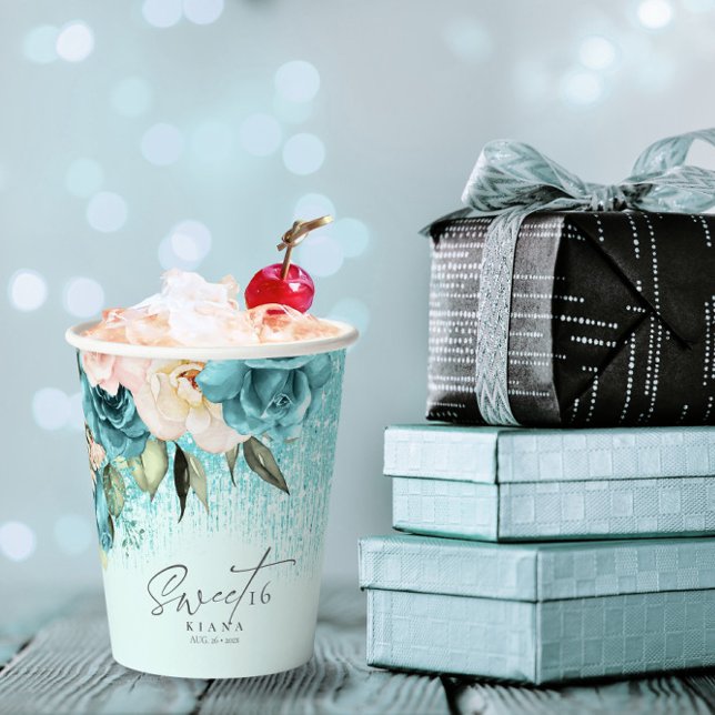 Gobelets En Papier Sweet sixteen Floral Sparkles ID Turquoise912 (Créateur téléchargé)