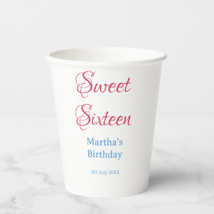 Gobelets En Papier Sweet Sixteen rose nom date calligraphie boho bleu