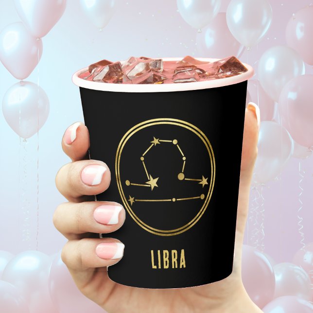 Gobelets En Papier SYMBOLE Zodiaque Libra Astrologie Or & Noir (gold libra zodiac sign paper cup with black background)