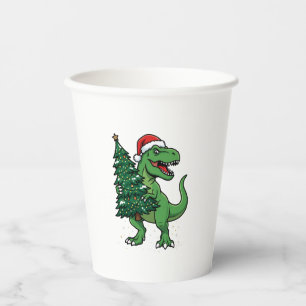 Gobelets En Papier T-Rex de Noël portant un sapin de Noël