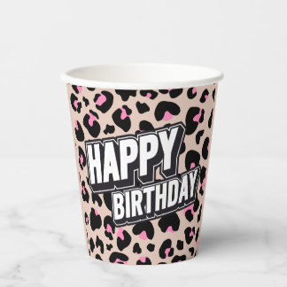 Gobelets En Papier Tasse de papier d'anniversaire gras léopard rose