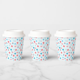 Gobelets En Papier Tasse en papier rouge bleu floral et noeud mignon