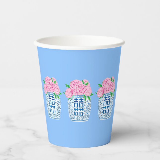 Gobelets En Papier Tasses à papier chinoiserie bleu et blanc Peony (Recto)