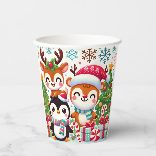 Gobelets En Papier tasses avec de mignons personnages de Noël (Recto)