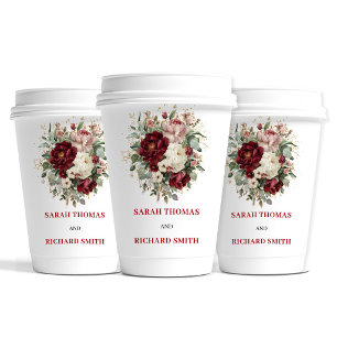 Gobelets En Papier Tasses en papier de mariage floral bordeaux blush