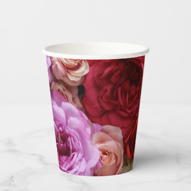 Gobelets En Papier Tasses en papier floral avec des roses et des pivo (Verso)
