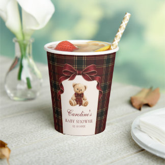Gobelets En Papier Tasses en papier pour baby shower ourson tartan ro