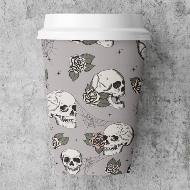 Gobelets En Papier Taupe Gray Gothic Skuls et Halloween Rose (Taupe Gray  Gothic Skull Paper Cup. Elegant Pattern of Hand Drawn Skulls & Roses for Halloween Party)