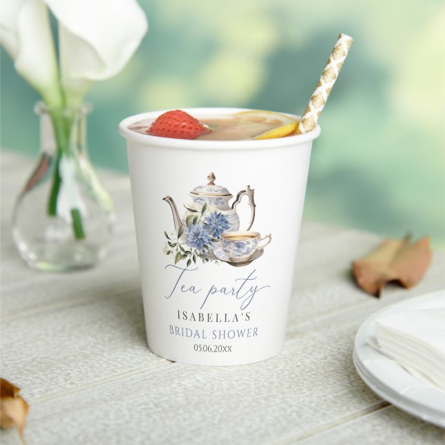 Gobelets En Papier Tea Party Elégante Fête des mariées Florale Bleue (Insitu)