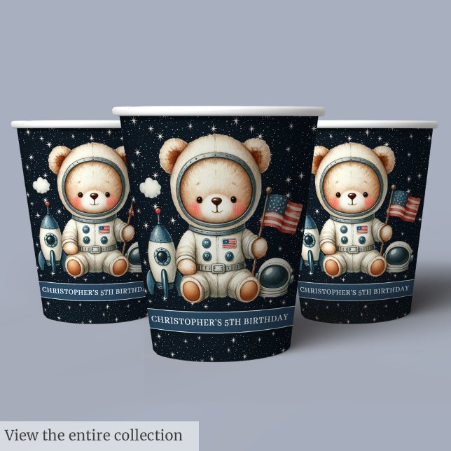 Gobelets En Papier Teddy Bear Astronaut Party tasses papier bébé garç (Teddy Bear Astronaut Party Paper Cups Baby Boy)