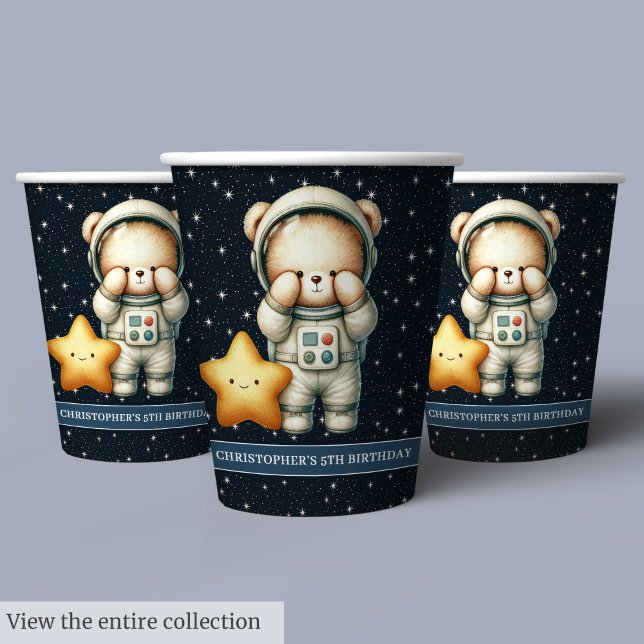 Gobelets En Papier Teddy Bear Astronaut Personnalisé Garçon Anniversa (Teddy Bear Astronaut Personalized Boy Birthday Paper Cups )