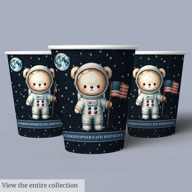Gobelets En Papier Teddy Bear Astronaut Space Party tasses Baby Boy (Teddy Bear Astronaut Space Party Cups Baby Boy)