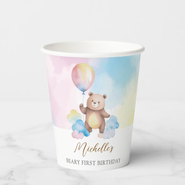 Gobelets En Papier Teddy Bear Balloon Clouds Beary First Birthday (Verso)