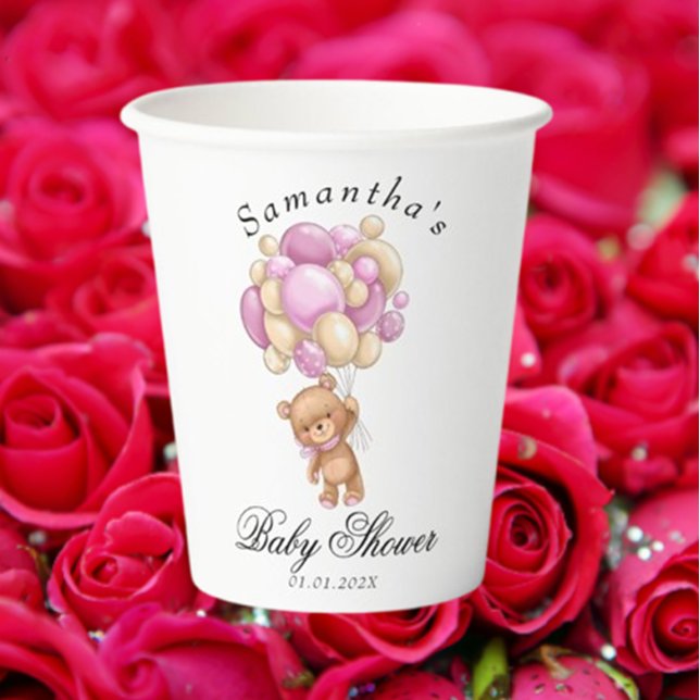 Gobelets En Papier Teddy Bear Balloon rose Baby shower tasses en papi (Celebrate your little one's arrival with our adorable Teddy Bear Pink Balloon Baby Shower paper cups)